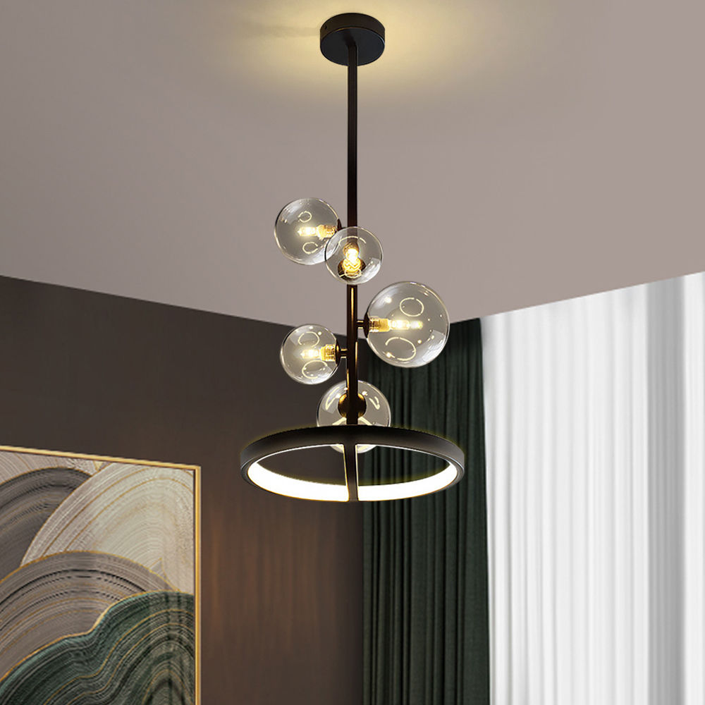Bubi Black Glass Globe 5-Light Chandelier Modern for Living Room and Dining Room