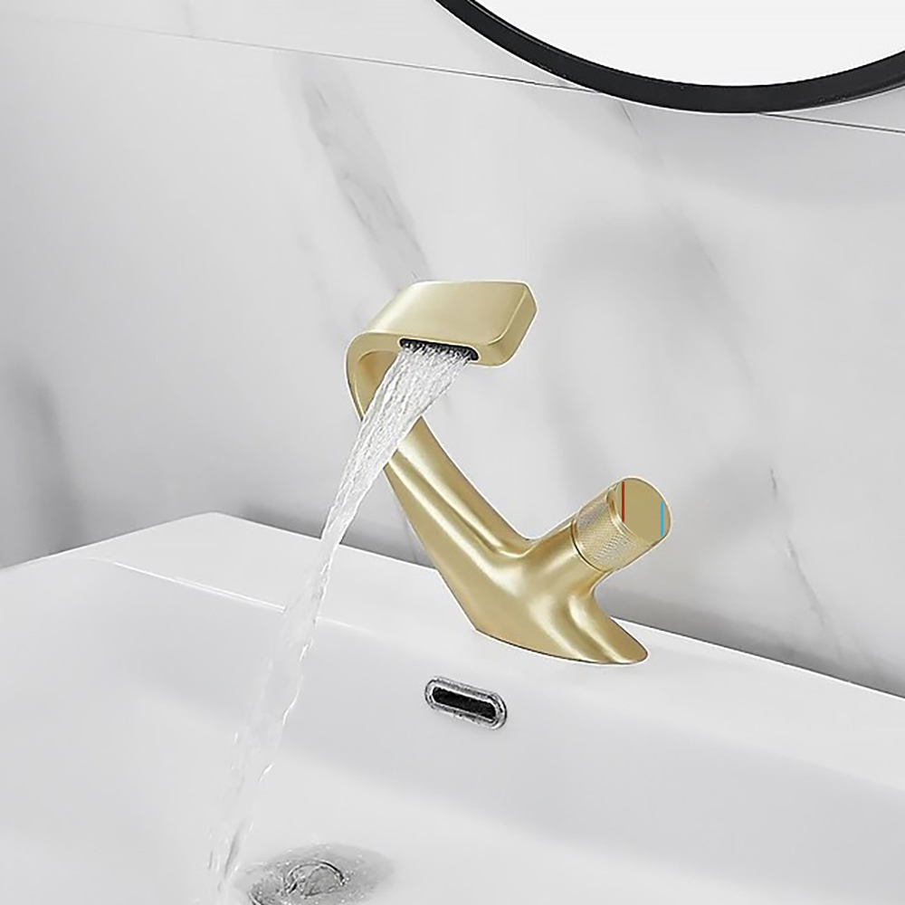 Contemporary Creative Single Handle 1 Hole Waterfall Bathroom Sink Faucet Brushed Gold 