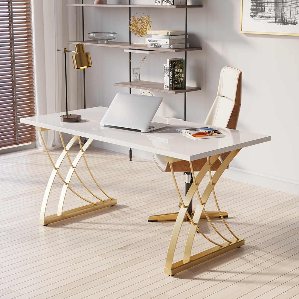 Image of 63" Modern White Wooden Computer Desk Rectangular Office Desk with Gold Frame