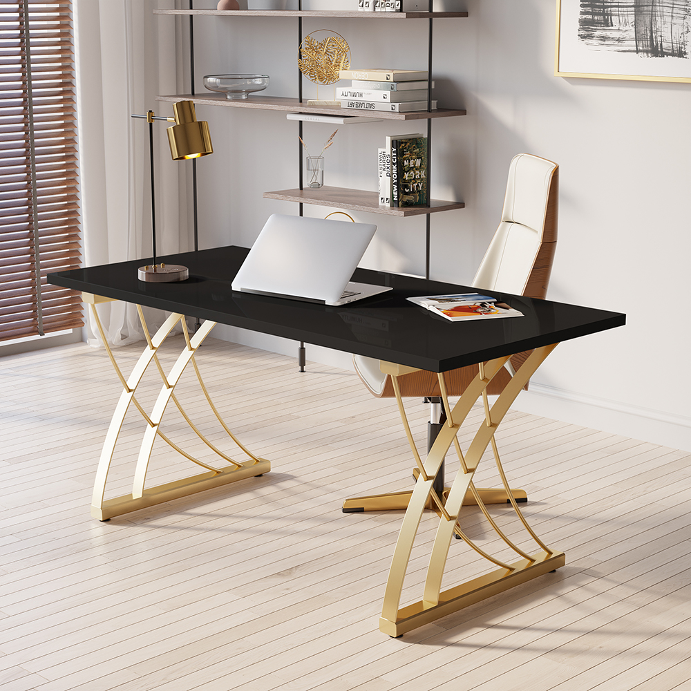 Image of 55" Modern Black Rectangular Home Office Desk with Pine Wood Table Top & Gold Frame