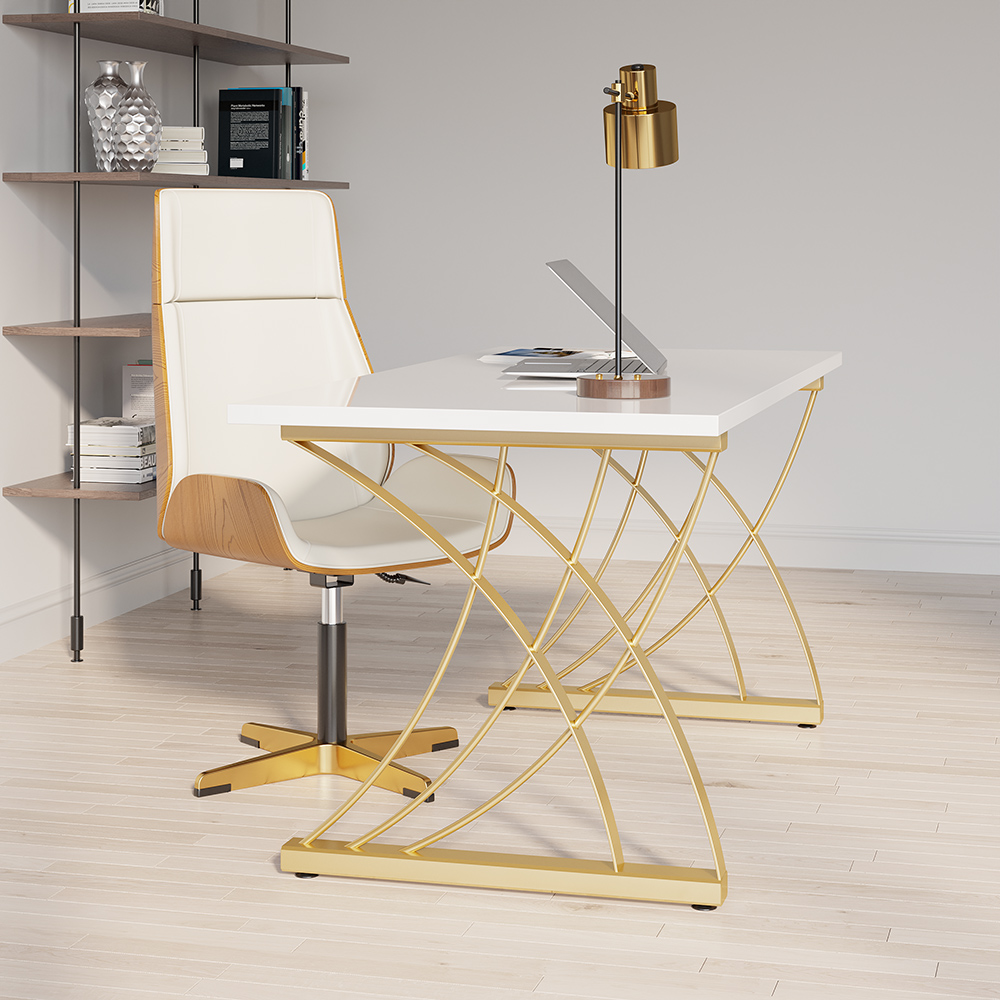 1600mm moderner weißer rechteckiger Home-Office-Schreibtisch mit Tischplatte aus Kiefernholz und goldenem Rahmen
