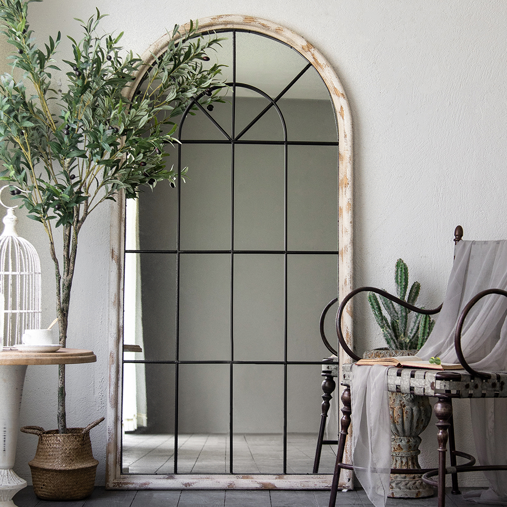 Full Length Arch Mirror Farmhouse Floor Mirror in Distressed White