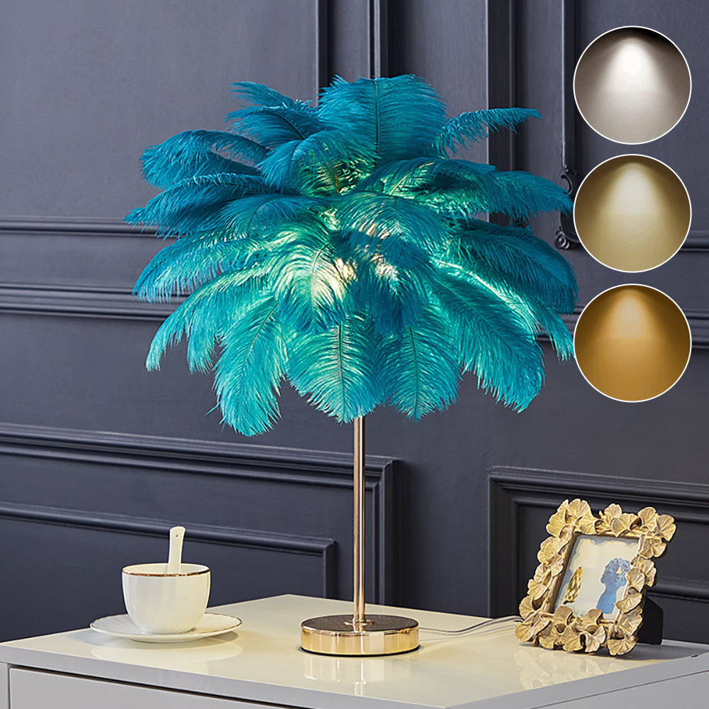 Gold Portable Table Lamp Modern Style with Green Feather, Dimmable