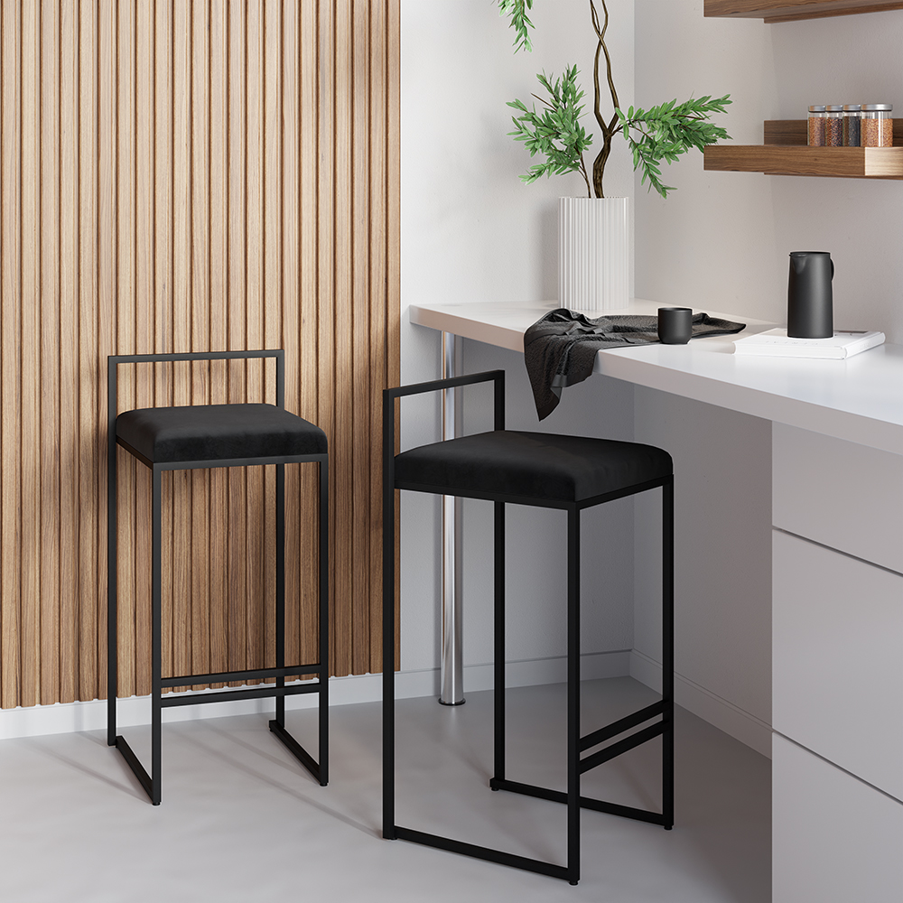 Image of Set of 2 Modern Upholstered Black Velvet Bar Stool