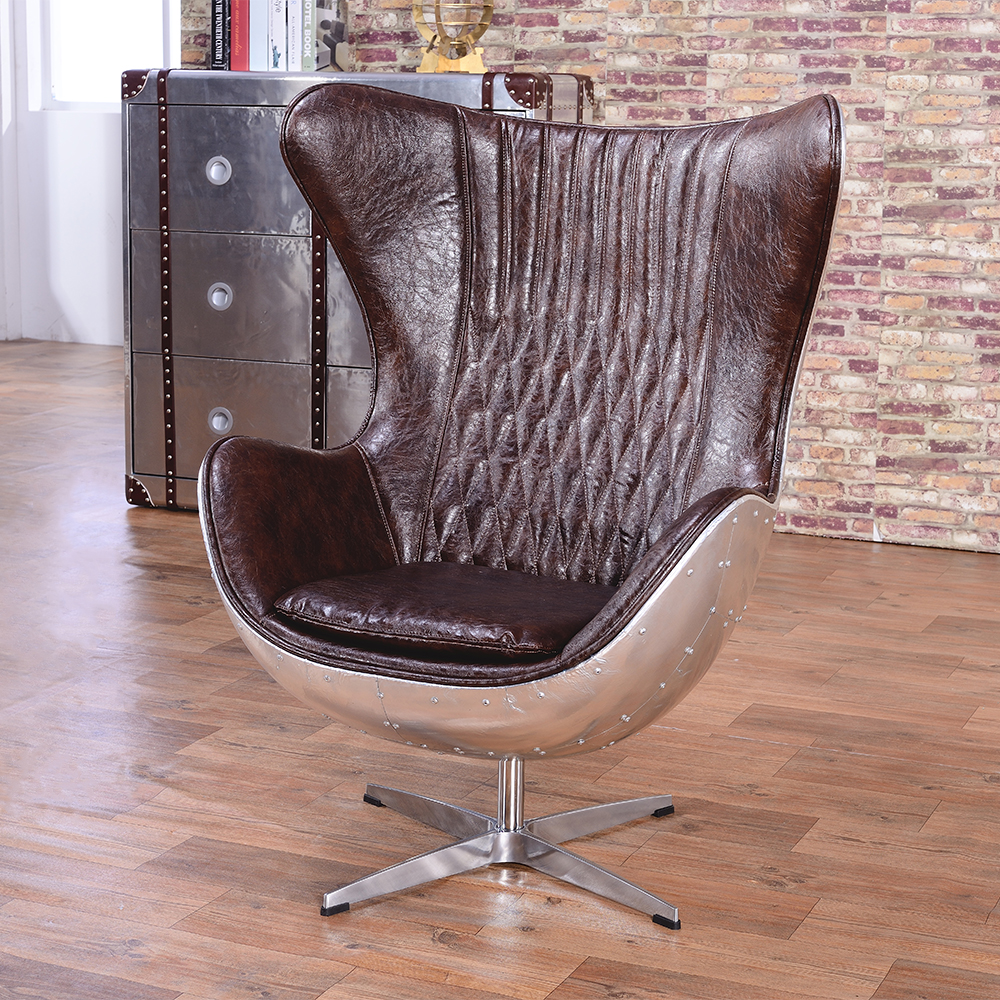 Image of Brown & Silver Office Chair Upholstered Leather Swivel Task Chair with Wing Back