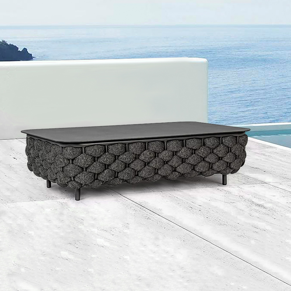 Image of Modern Aluminum & Rope & Faux Marble Top Outdoor Patio Coffee Table in Black