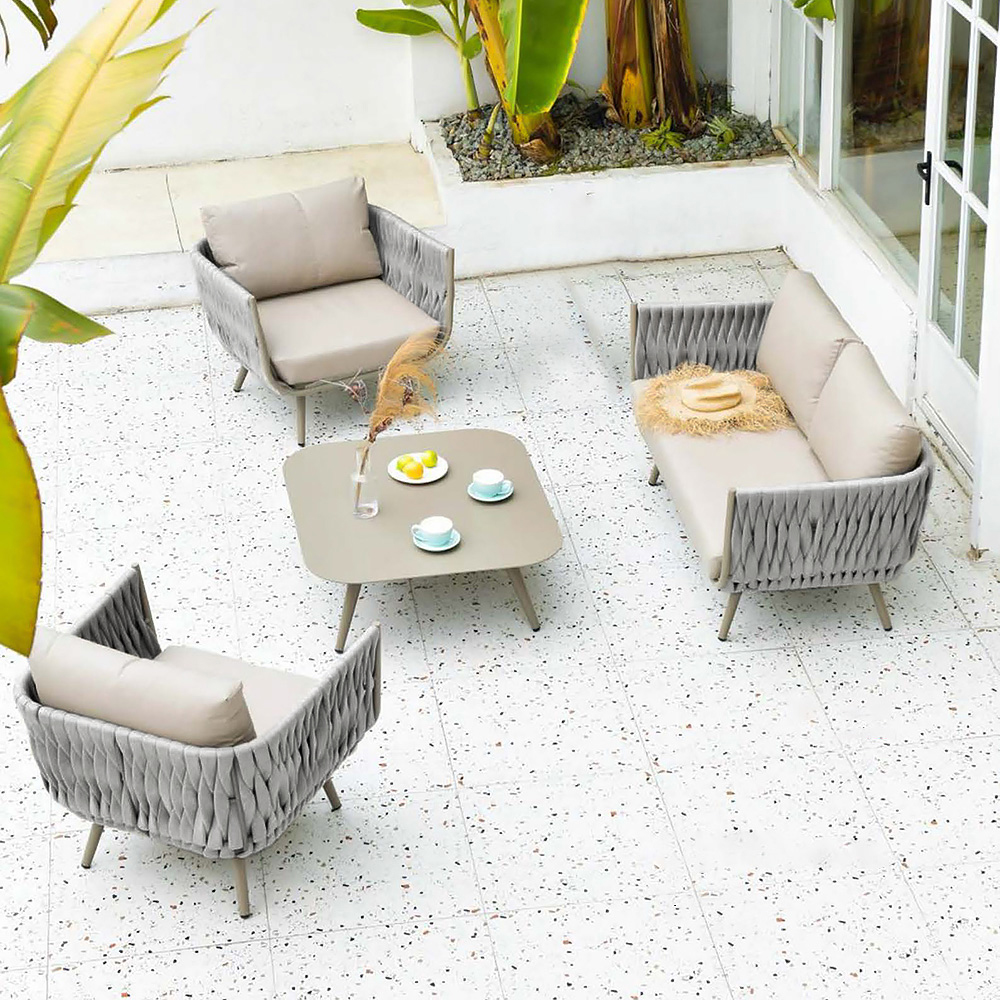 4 Pieces Outdoor Sectional Sofa Set with Webbing Seats and Cushions in Beige & Gray