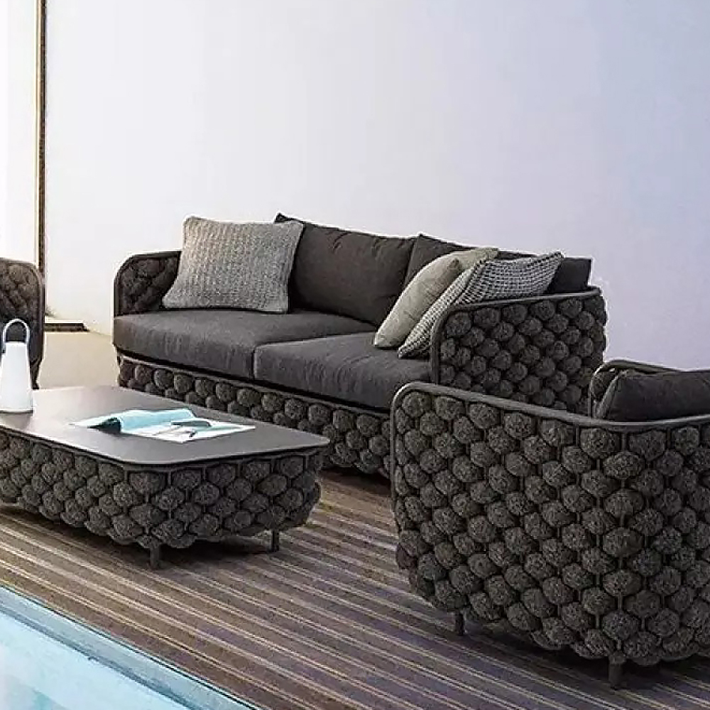 1350mm Wide Modern Aluminium & Rope Outdoor Loveseat Patio Sofa with Cushions in Black