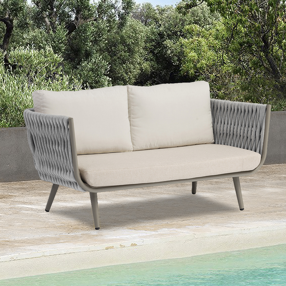 Image of 57.1" Wide Modern Aluminum Outdoor Loveseat Patio Sofa with Cushion in Gray & Beige