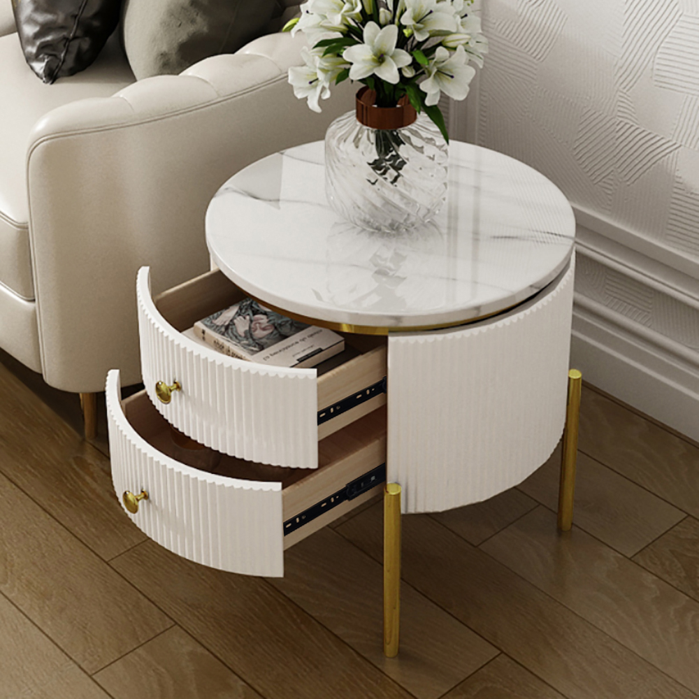 Modern Round End Table With Storage Drawers White Faux Marble Side Table Gold Legs