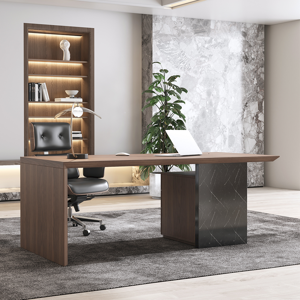 Image of 60" Modern Wooden Desk Walnut Home Office Desk with Filing Cabinet Marble Base