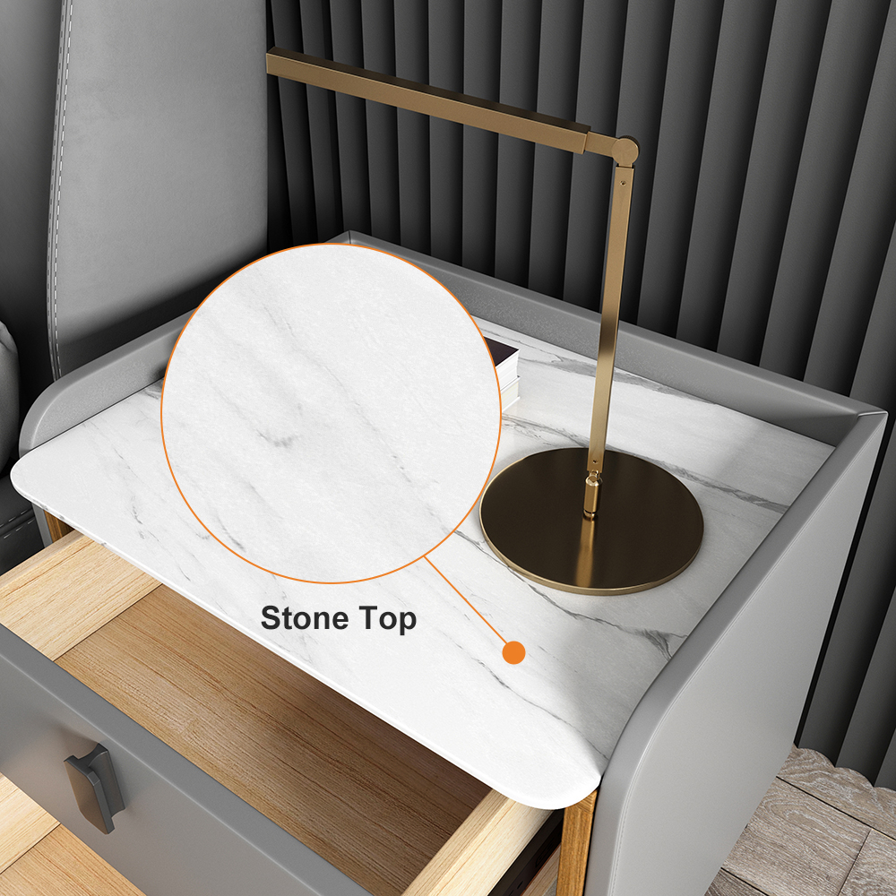 Table de chevet moderne de luxe gris 2 tiroirs chambre à coucher en pierre frittée table de chevet
