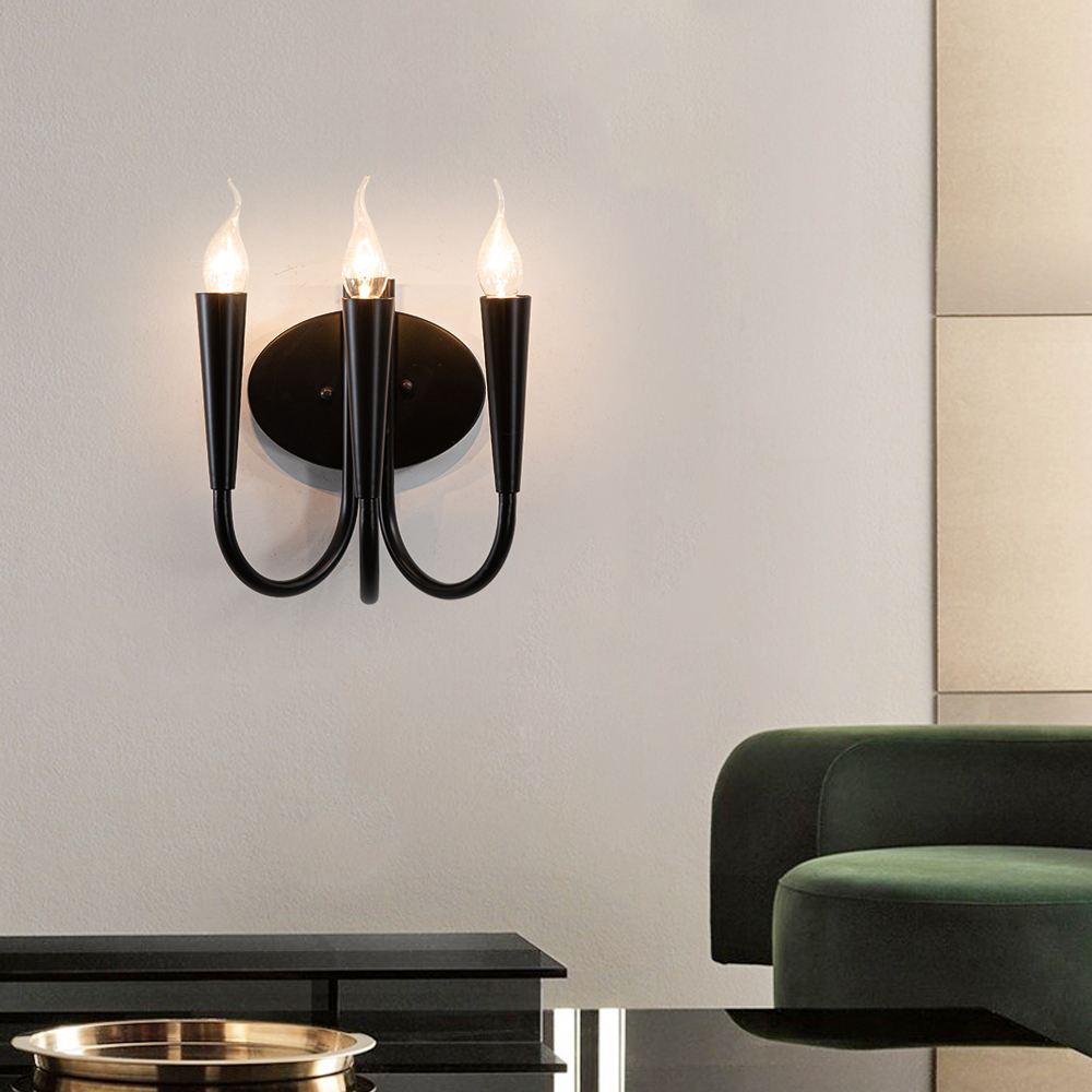 Image of 3-Light Wall Candle Sconce Black Metal Wall Light with Unique Design