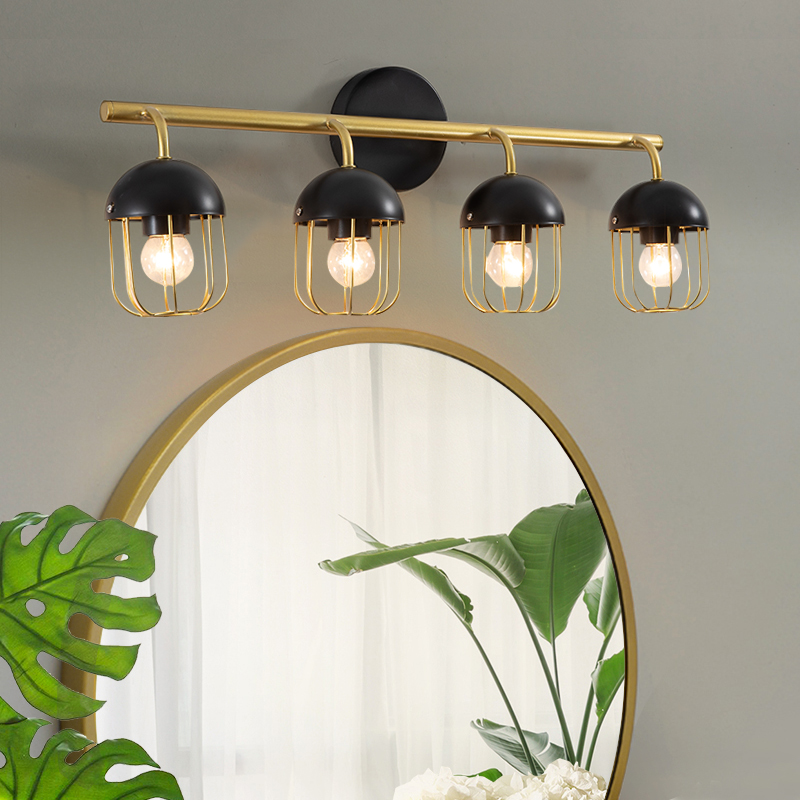 Image of Industrial 4-Light Gold Cage Bathroom Vanity Light Black Dome Shade
