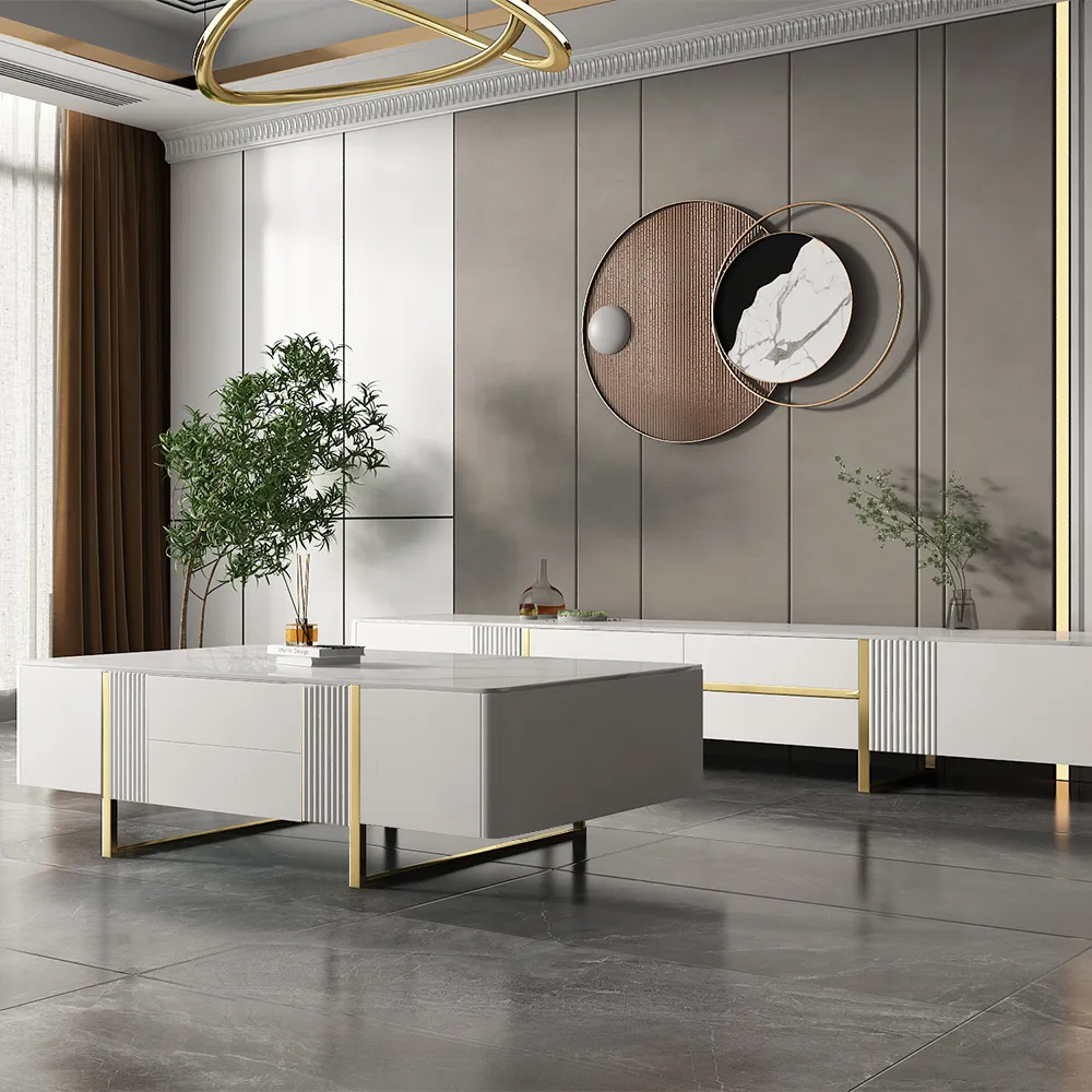 Modern White Rectangular TV Stand with Coffee Table Set of 2-Homary