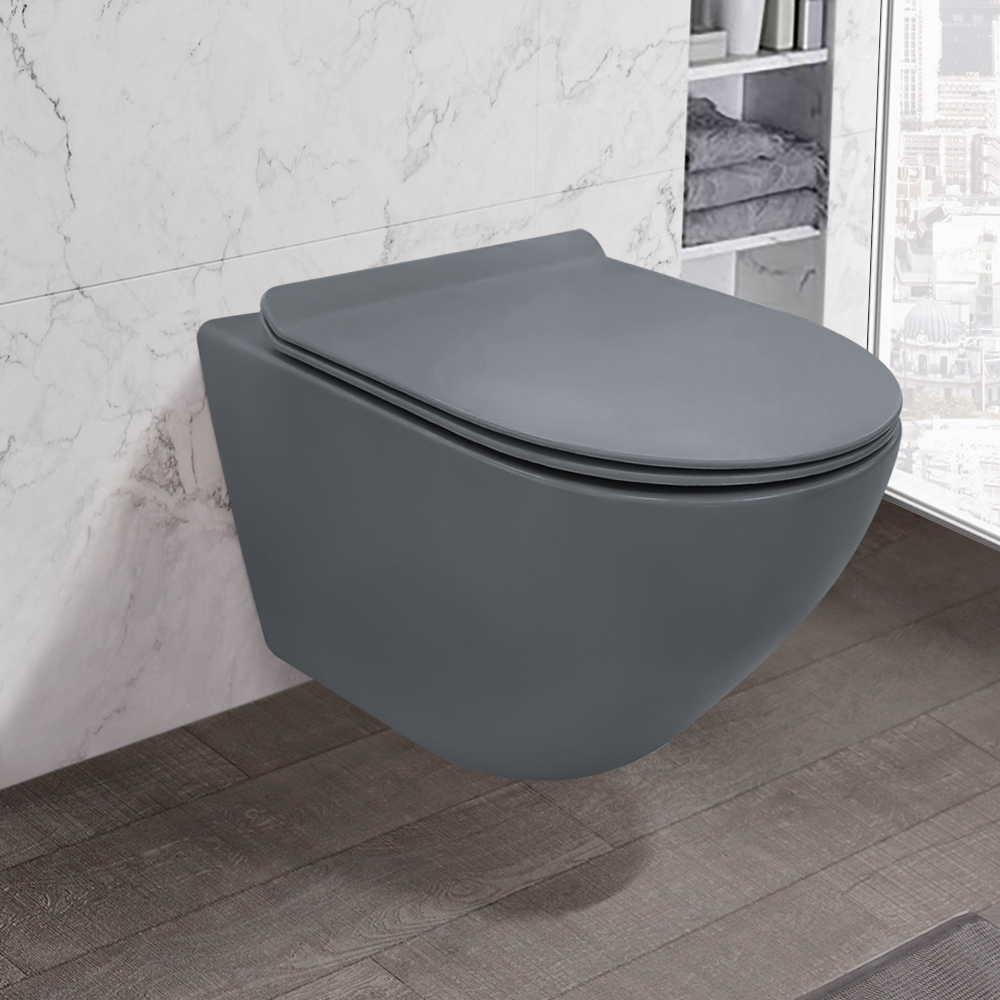 Image of Modern Matte Deep Gray One-Piece Round Wall Mounted Toilet Ceramic Simplism