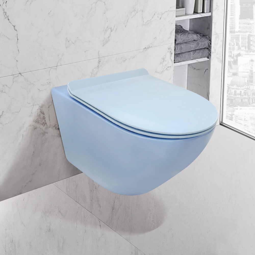 Image of Modern Blue One-Piece Round Wall Mounted Toilet Ceramic Simplism
