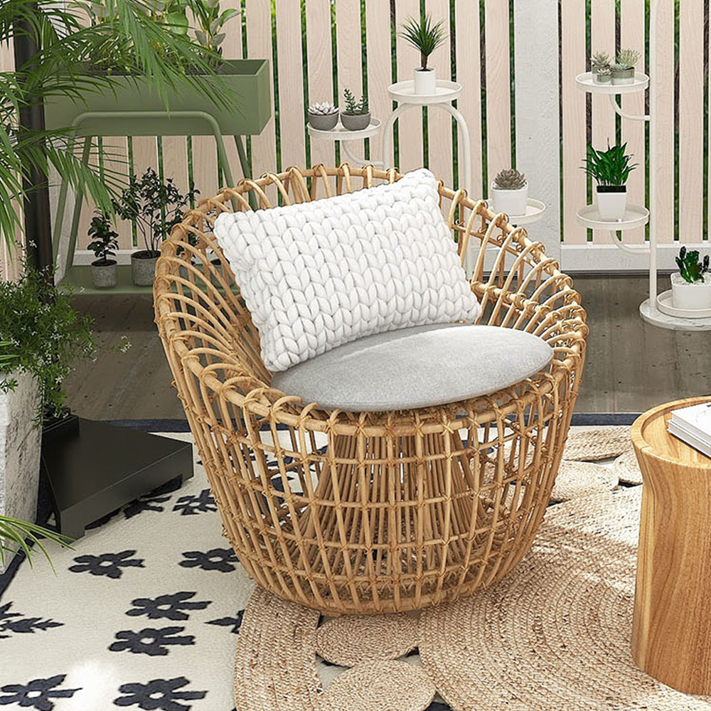 Austen Rattan Outdoor Barrel Chair with Cushion Wood Color Nest Shape ...