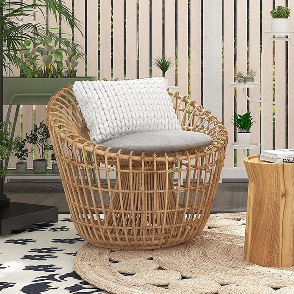 Austen Rattan Outdoor Barrel Chair with Cushion Wood Color Nest Shape