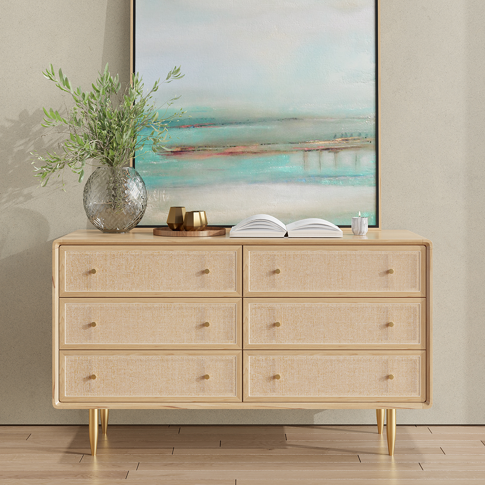 Image of 53" Nordic Natural Bedroom Dresser with 6 Drawers Rattan Woven in Gold