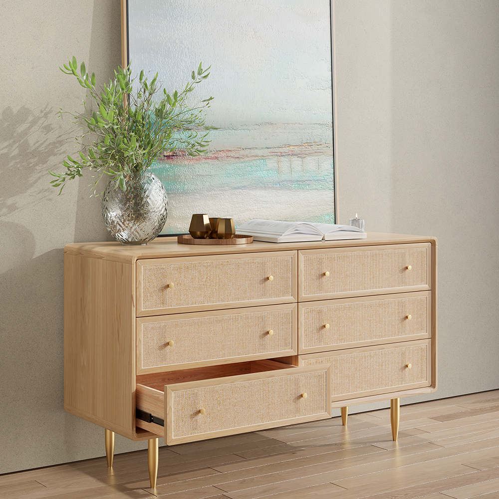 Tural 1360mm Nordic Natural Bedroom Dresser with 6 Drawers Rattan Woven in Gold