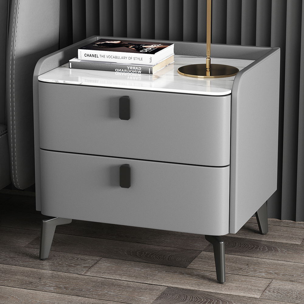 Gray Modern Luxury 2 Drawers Bedroom Nightstand Sintered Stone Bedside Table