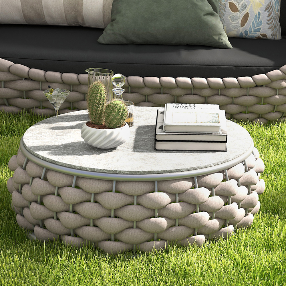 Stone-top Round Coffee Table with Textilene Rope Woven Base