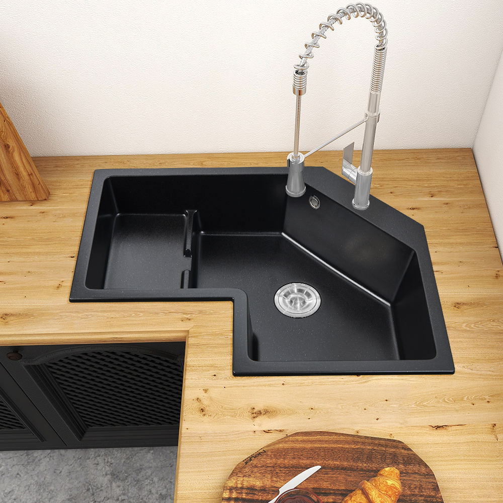 Image of 32" Modern Black Drop In Corner Kitchen Sink Single Bowl Quartz Irregular Left Sink