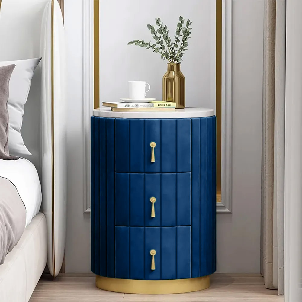 Blue Velvet Nightstand with Storage Sintered Stone Top Round Nightstand