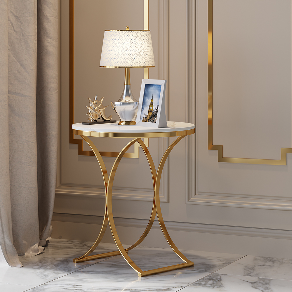 Modern Luxurious Round White Marble Stone Side Table X-Base End Table in Gold