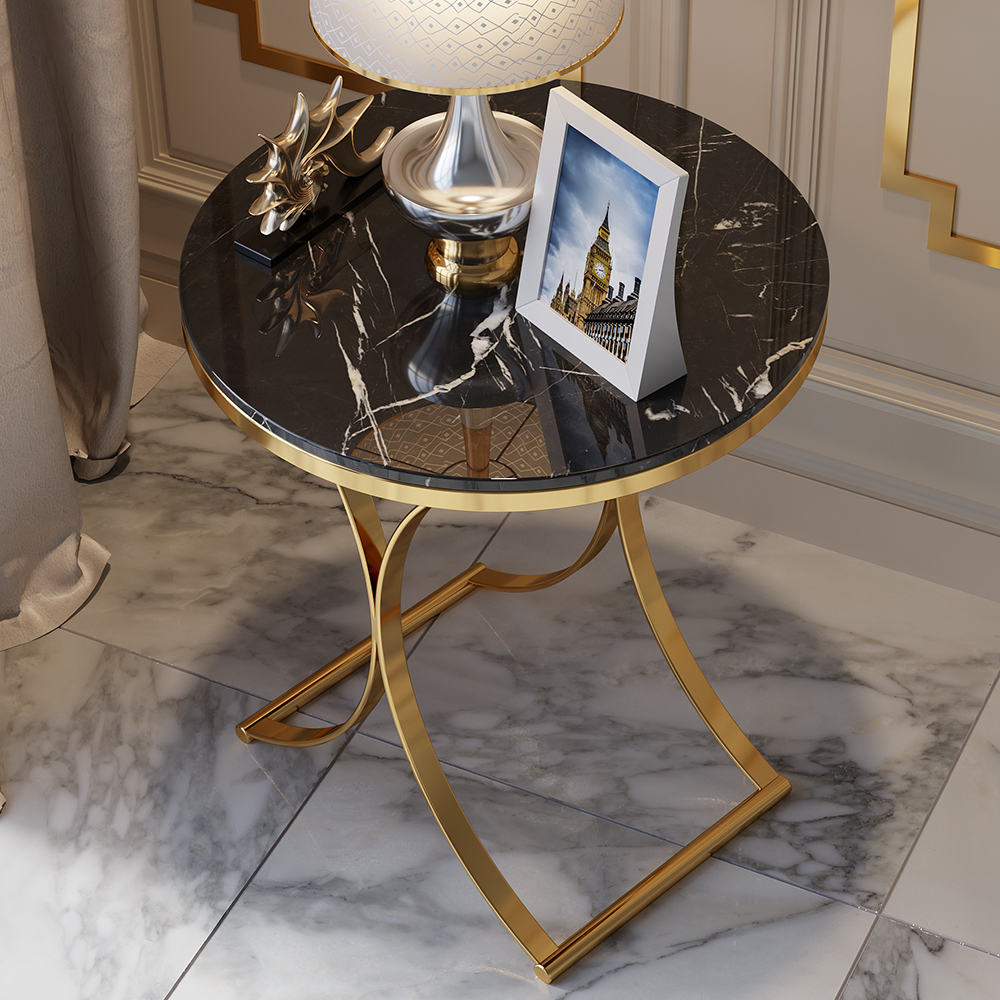 Modern Luxurious Round Black Marble Stone Side Table X-Base End Table in Gold
