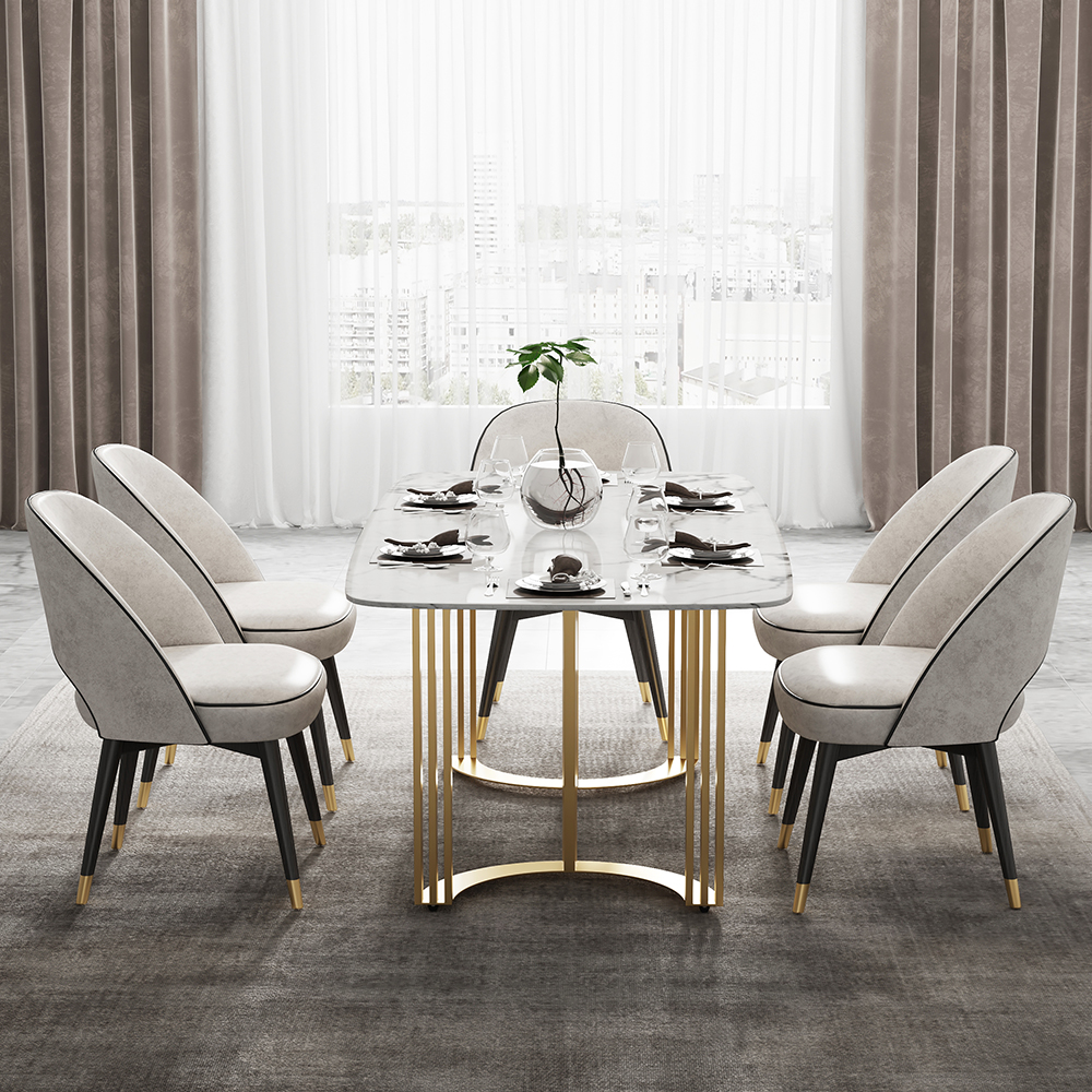 79" Faux Marble Dining Table Gold Rectangular Top Stainless Steel Base