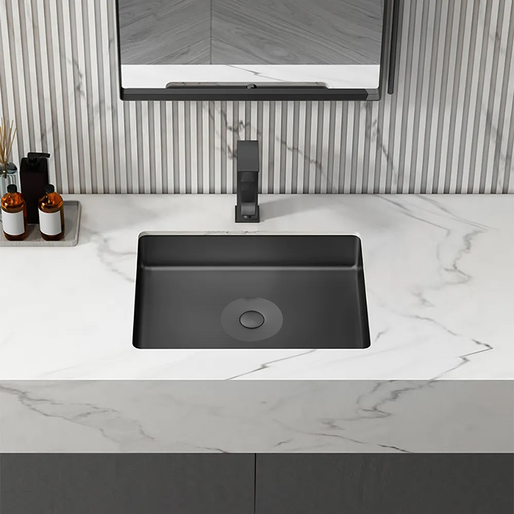 Image of Black Modern Stainless Steel Rectangular Sink Undermount Bathroom Wash Sink