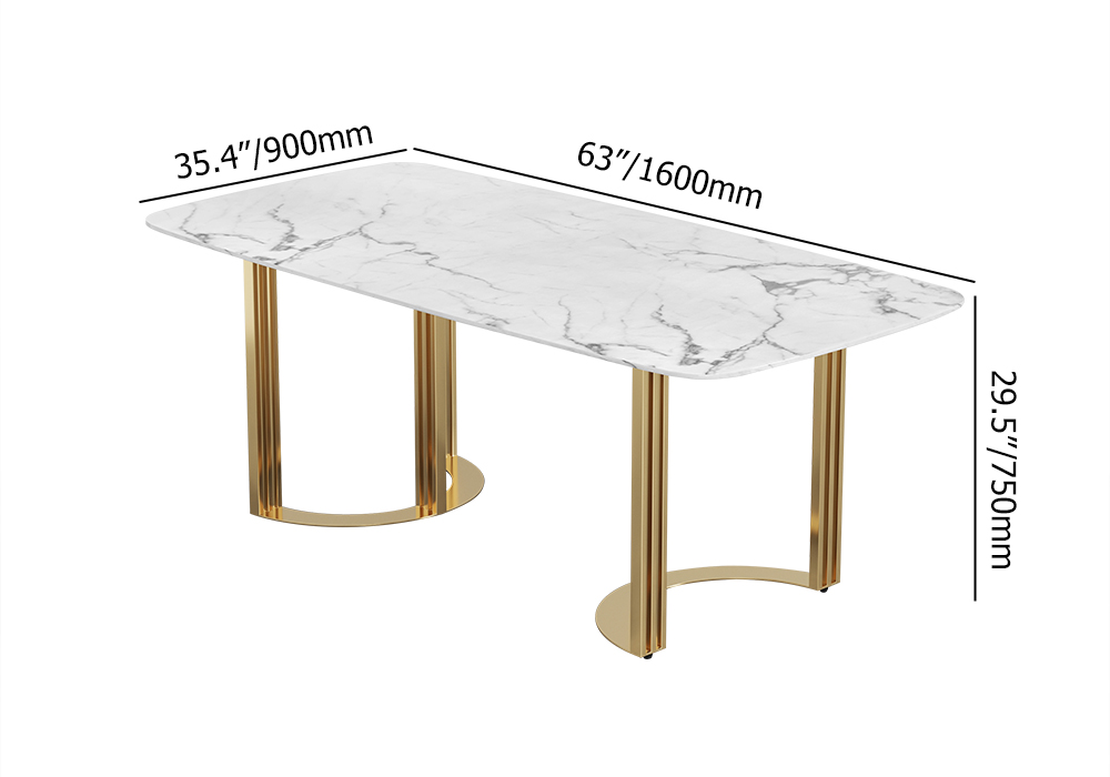 63" Faux Marble Dining Room Table for 4-6 Person White Rectangular Top in Gold