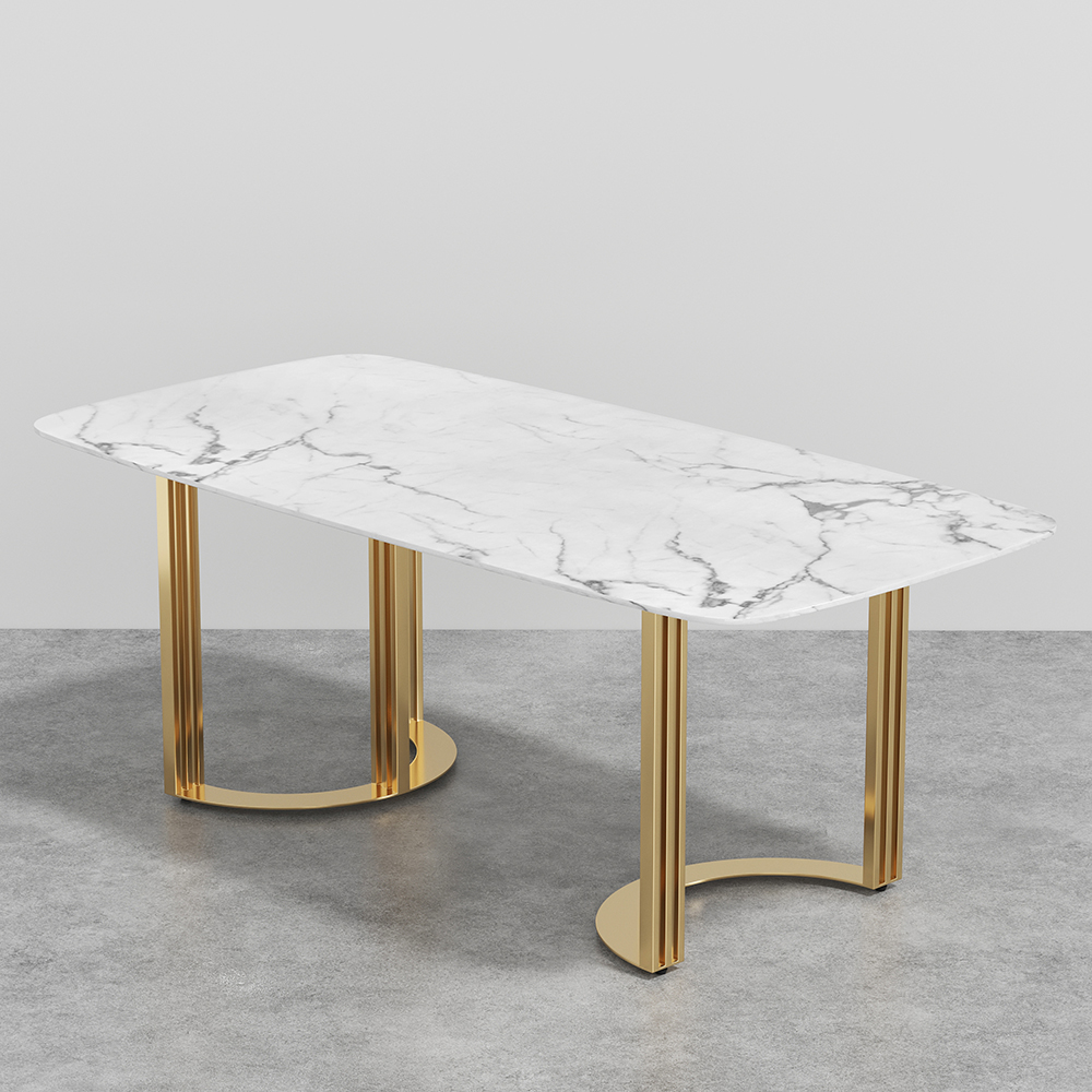 63" Faux Marble Dining Room Table for 4-6 Person White Rectangular Top in Gold