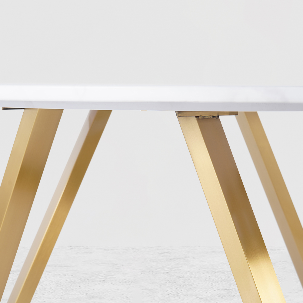 White Modern Round Marble Dining Table 59'' Gold Stainless Steel Base