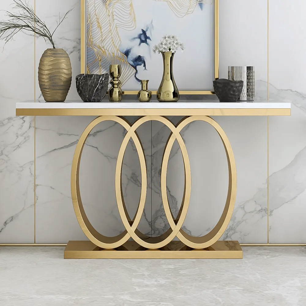 1200mm Narrow Modern White Console Table with Faux Marble Top & Stainless Steel Base