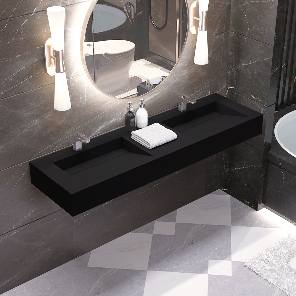 Image of 47" Wall-Hang Stone Resin Rectangle Bathroom Ramped Sink in Matte Black without Cabinet