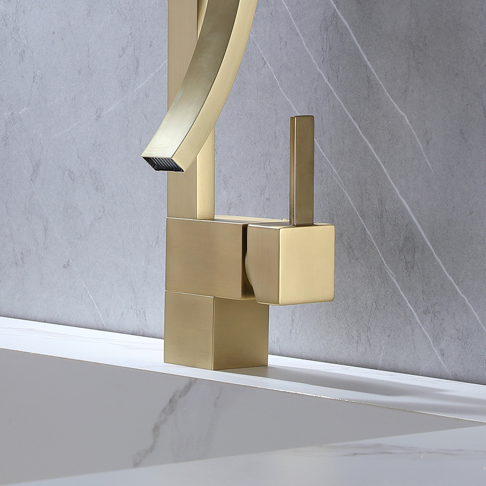 Brushed Gold Waterfall Bathroom Basin Tap Single Hole Single Handle Brass Modern Style