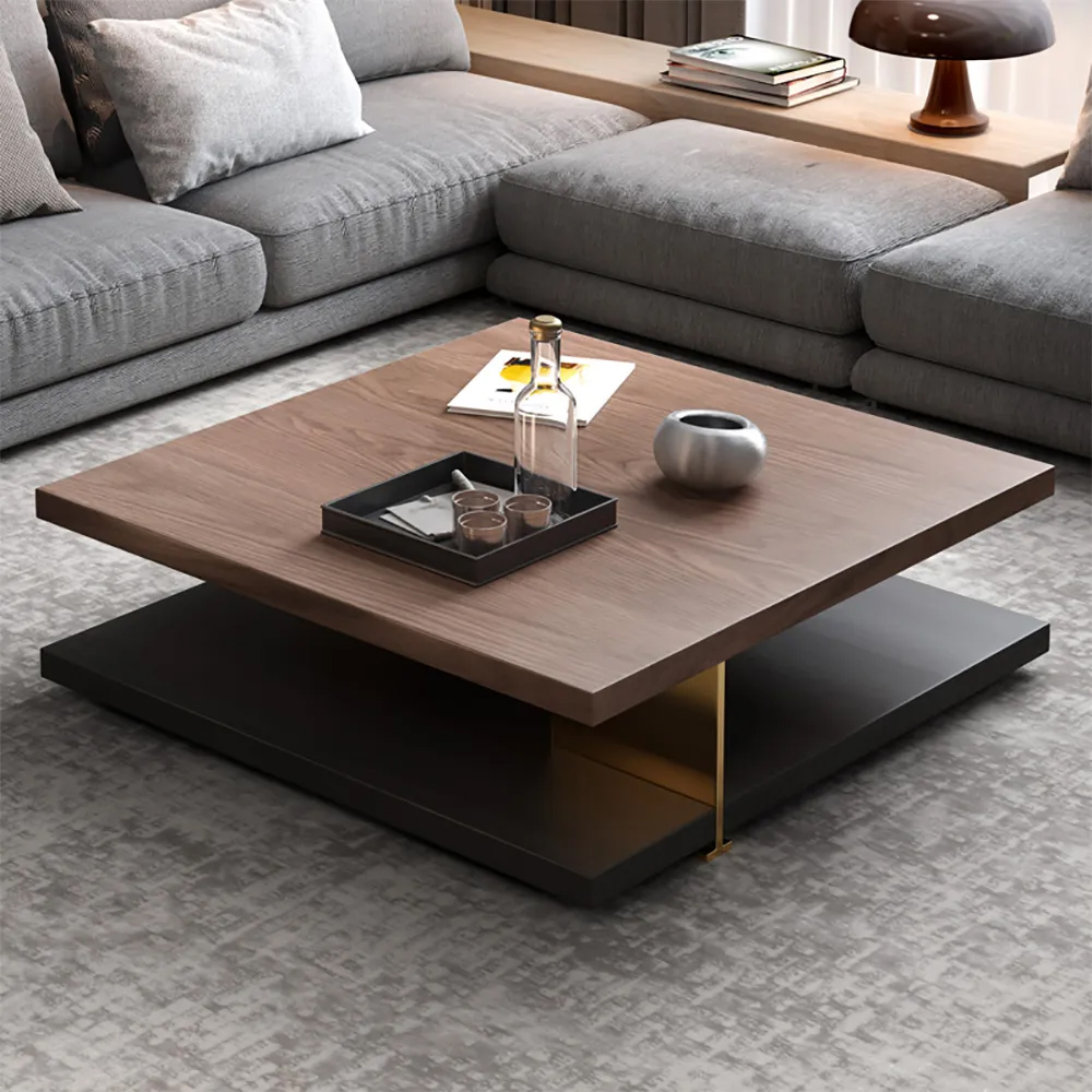 Industrial Black & Walnut Square Pedestal Coffee Table Solid Wood