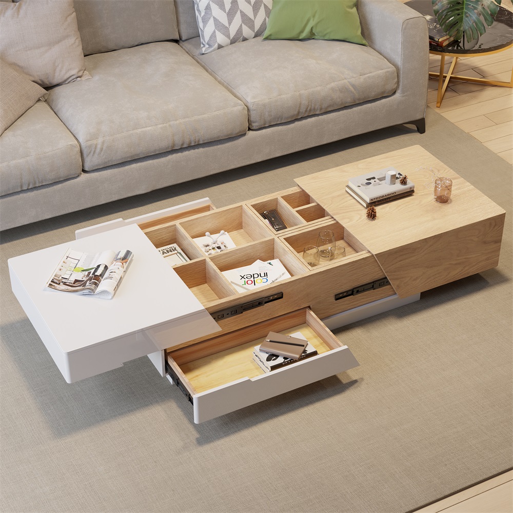 82" Modern Extendable Coffee Table with Hidden Storage Sliding Top in White & Natural