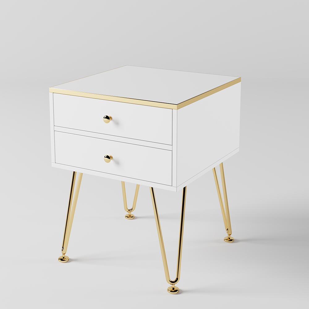 White Small Bedside Table with 2 Drawers Modern Style Gold Pulls & V