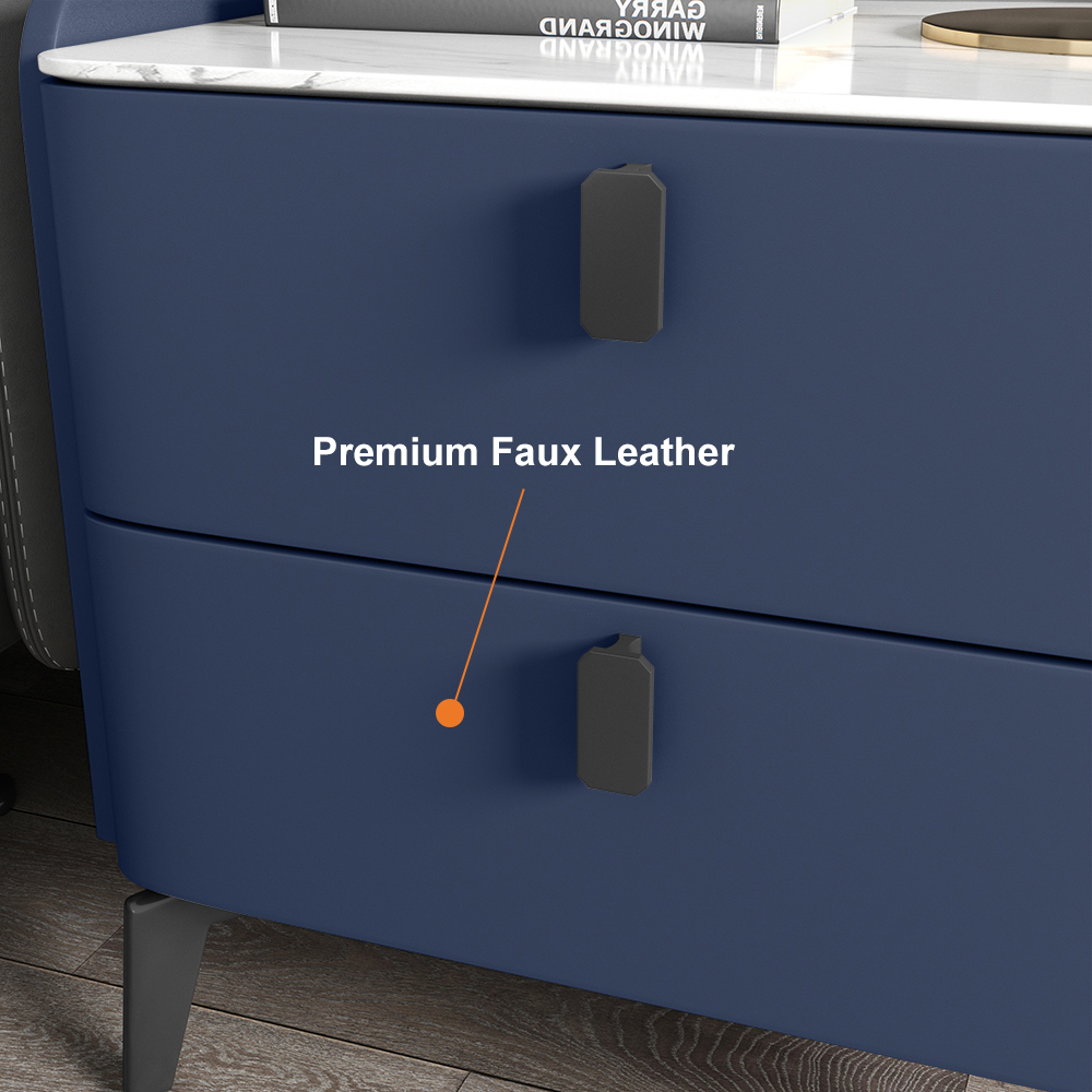 Modern Nightstand with 2 Drawers Bedroom Nightstand in Deep Blue, Faux