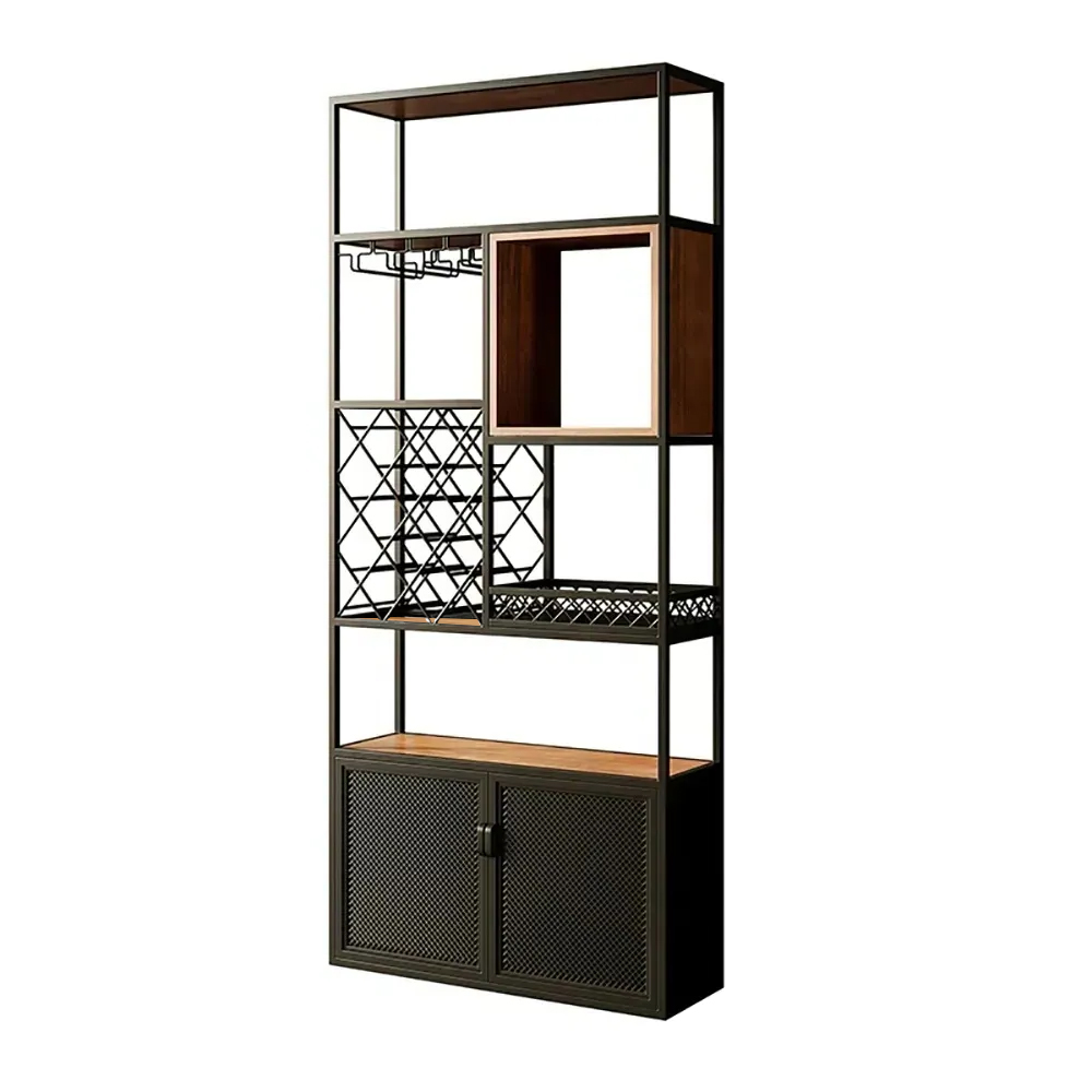 Industrial Tall Black Bar Wine Rack Cabinet with Glass Holder Wood  Home Bar Cabinet