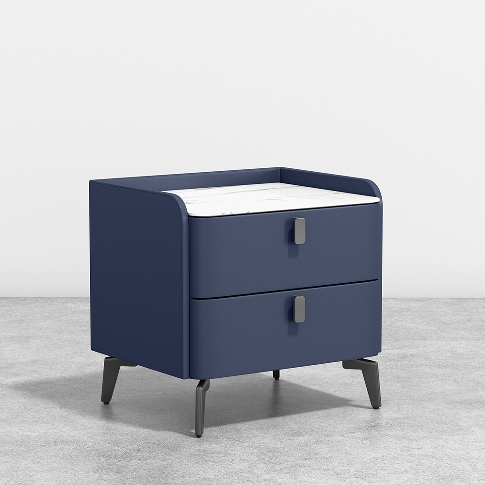 Modern Nightstand with 2 Drawers Bedroom Nightstand in Deep Blue, Faux