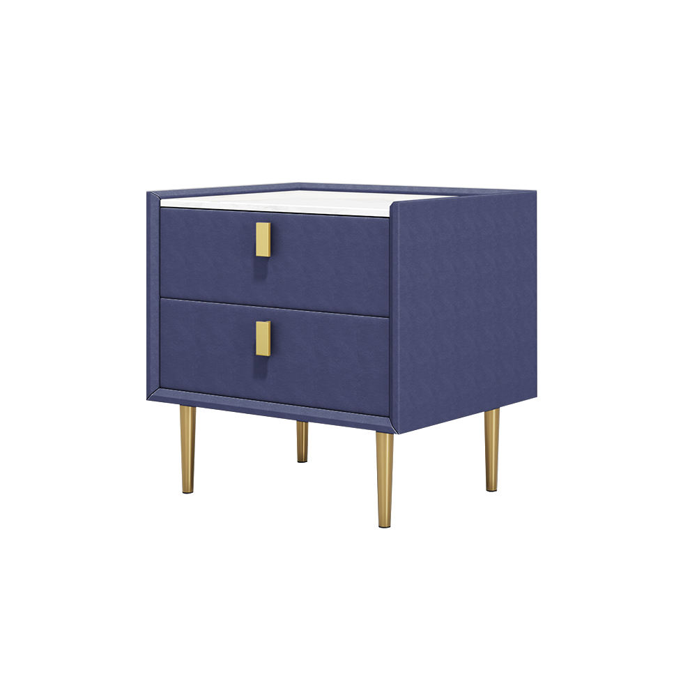 Modern Blue Nightstand 2 Drawers PU Leather Nightstand with Gold Metal