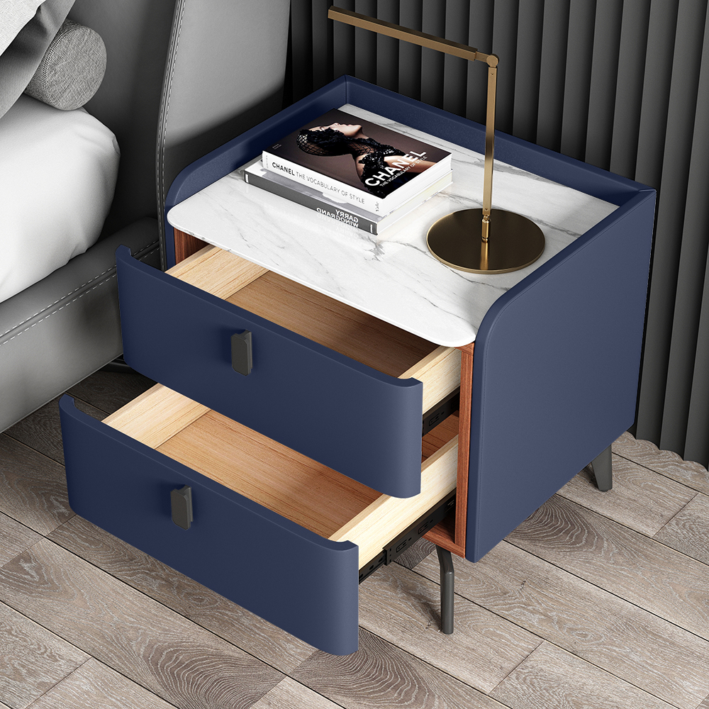 Modern Nightstand with 2 Drawers Bedroom Nightstand in Deep Blue, Faux