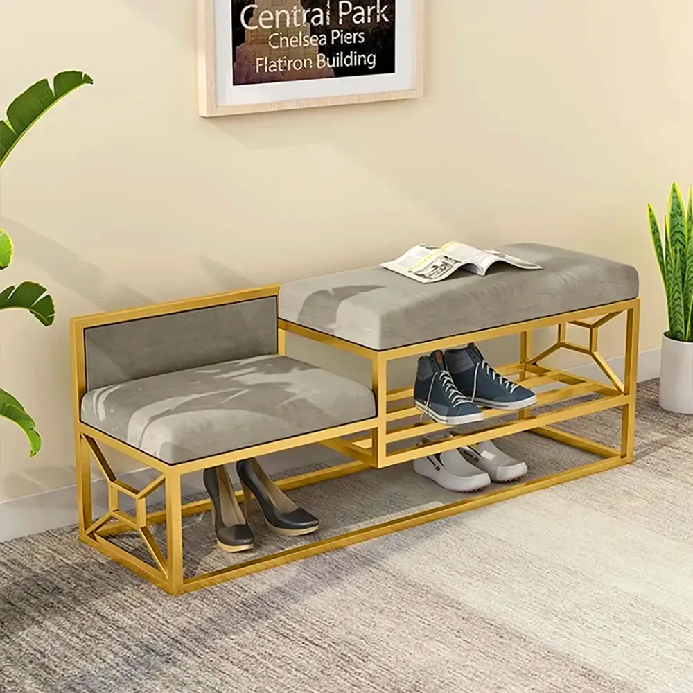 Image of 39.4" Gray Shoe Storage Bench Entryway Bench Velvet Upholstered with Metal Frame