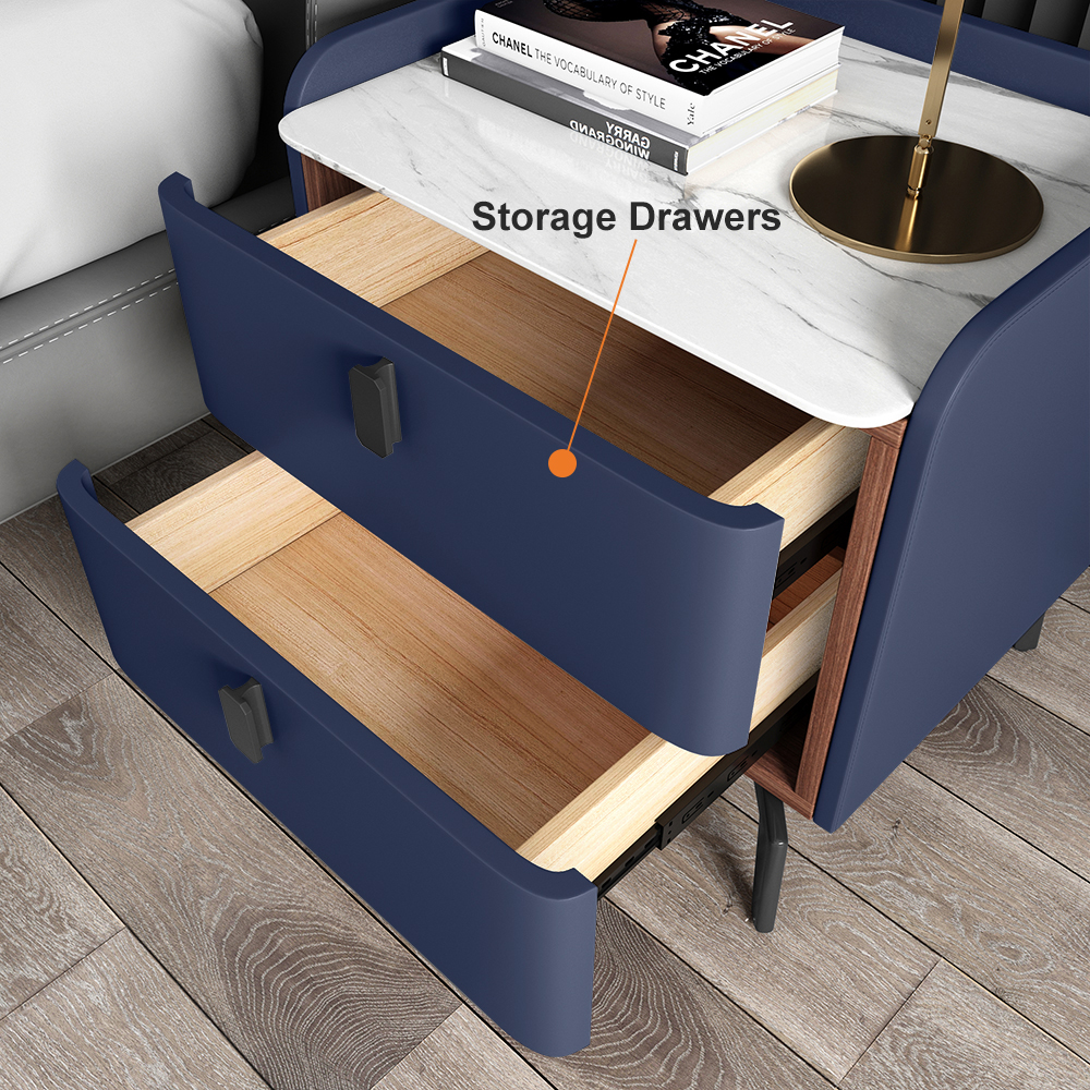 Modern Nightstand with 2 Drawers Bedroom Nightstand in Deep Blue, Faux