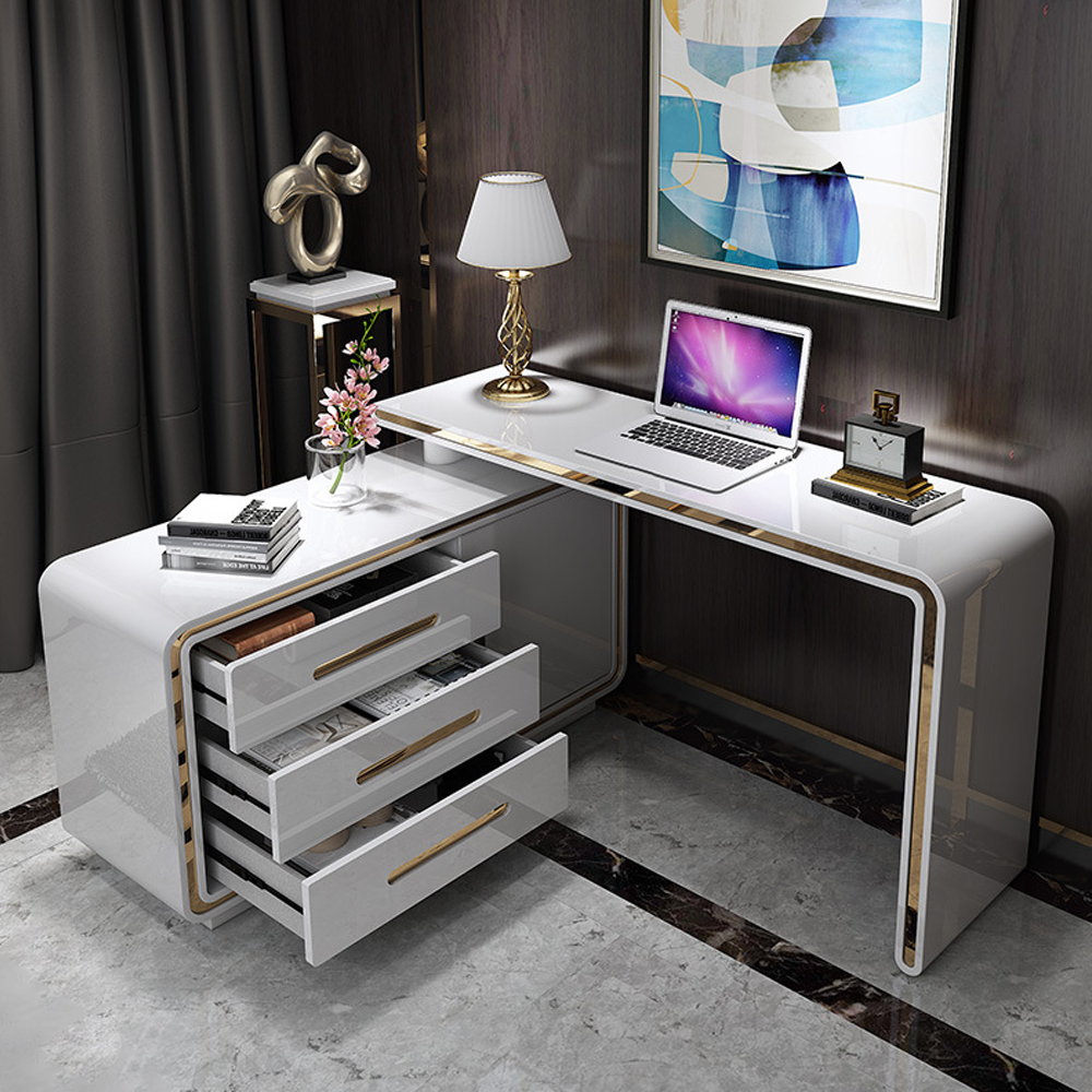 Modern White L-Shaped Desk Corner Rotating Computer Desk with Cabinet